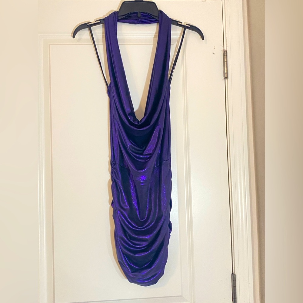 Rhapsody metallic purple ruched halter mini dress